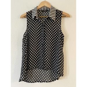 Audrey 3+1 Size S/M Black White Polka Dot Sleeveless Blouse High-Low Button Up